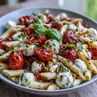 Vibrant summer pasta salad with cherry tomatoes, fresh mozzarella, and fragrant basil, drizzled with balsamic glaze for a refreshing meal.