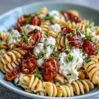 Creamy Caprese pasta with burrata, bursting cherry tomatoes, and fresh basil in a vibrant, summery dish.  