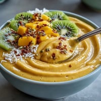 Vibrant Mango Chili Lime Smoothie Bowl topped with fresh fruit and granola.