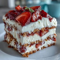 Festive Memorial Day No-Bake Icebox Cake with juicy strawberries and whipped cream layers.