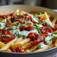 Creamy tomato basil pasta dish garnished with fresh basil for a vibrant, comforting meal.