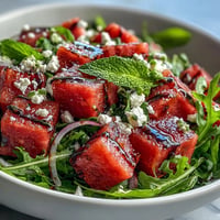 Watermelon Feta Arugula Salad, vibrant with juicy fruit and tangy balsamic drizzle.
